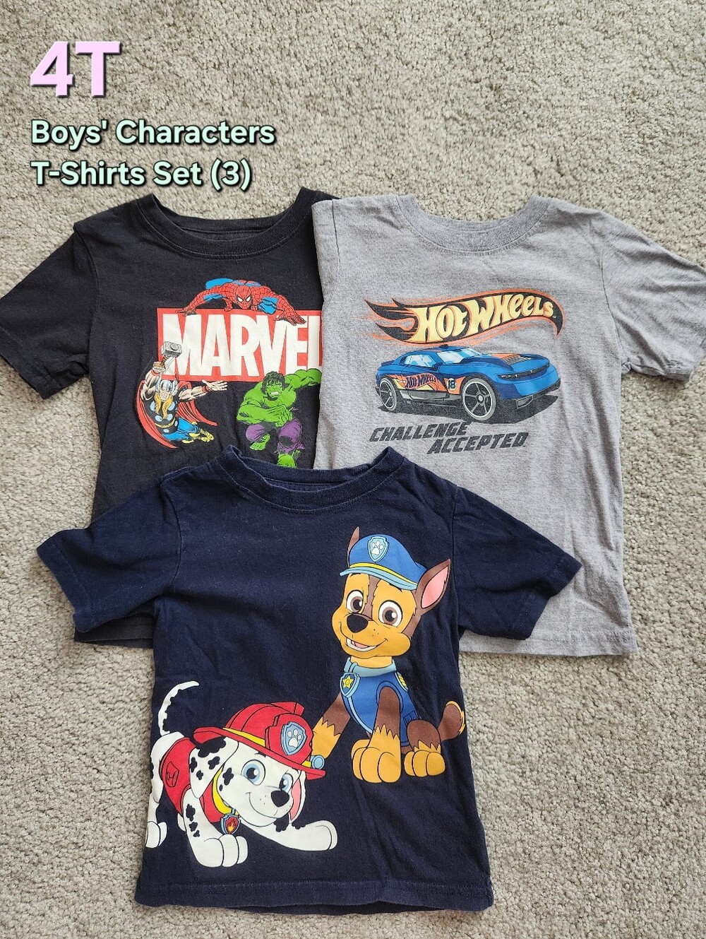 Marvel / Paw Patrol / Hot Wheels Kids Character Short Sleeve Tees Set of 3 - 4T